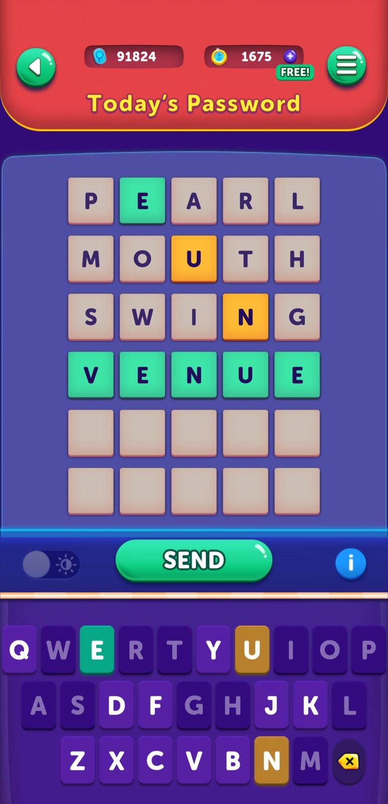 Word game with grid and keyboard interface.