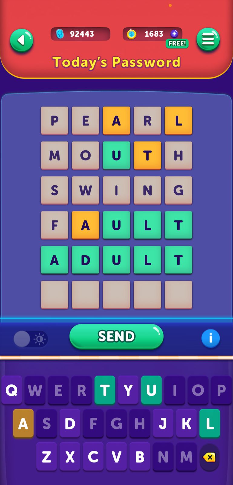 Word puzzle game screen with keyboard and words.
