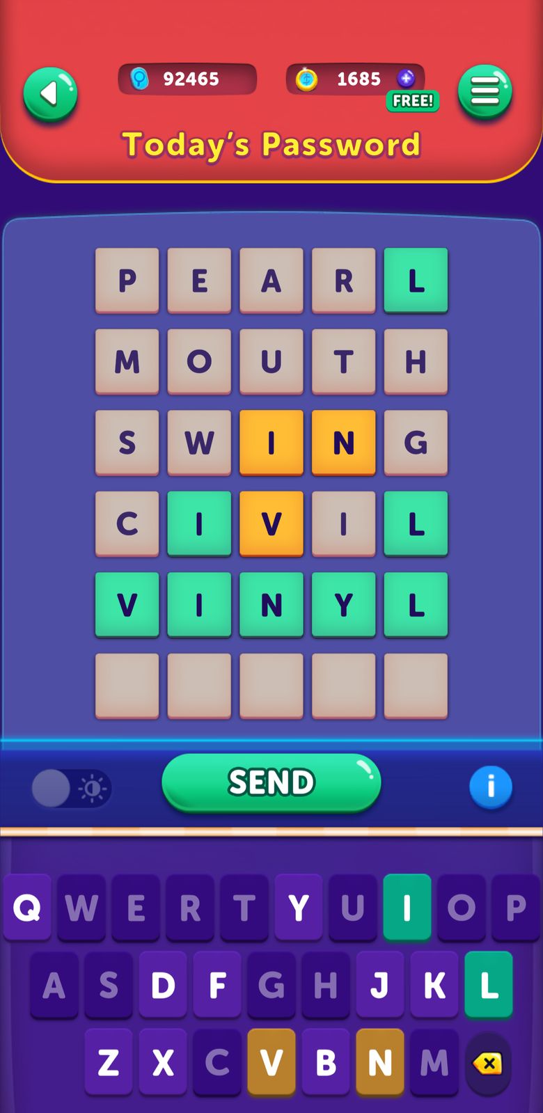 Game screen with word guessing grid and keyboard.