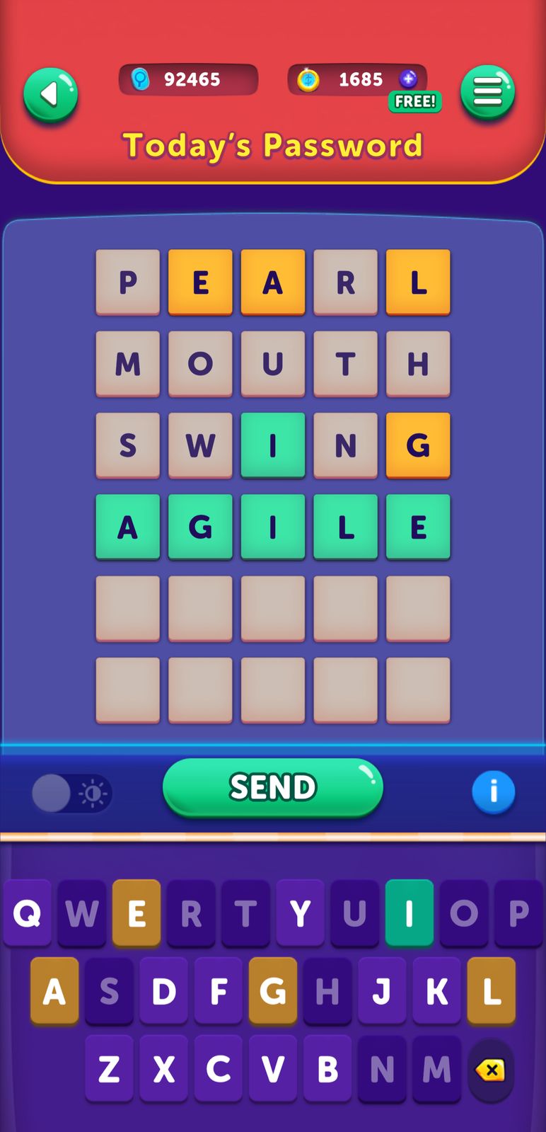 Word puzzle game interface with colorful letters.