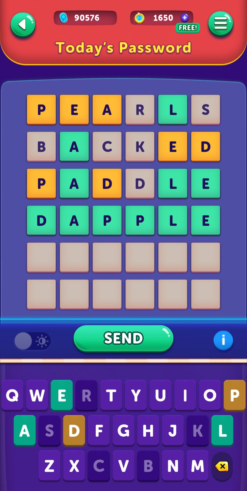 Word puzzle game interface with keyboard and words.