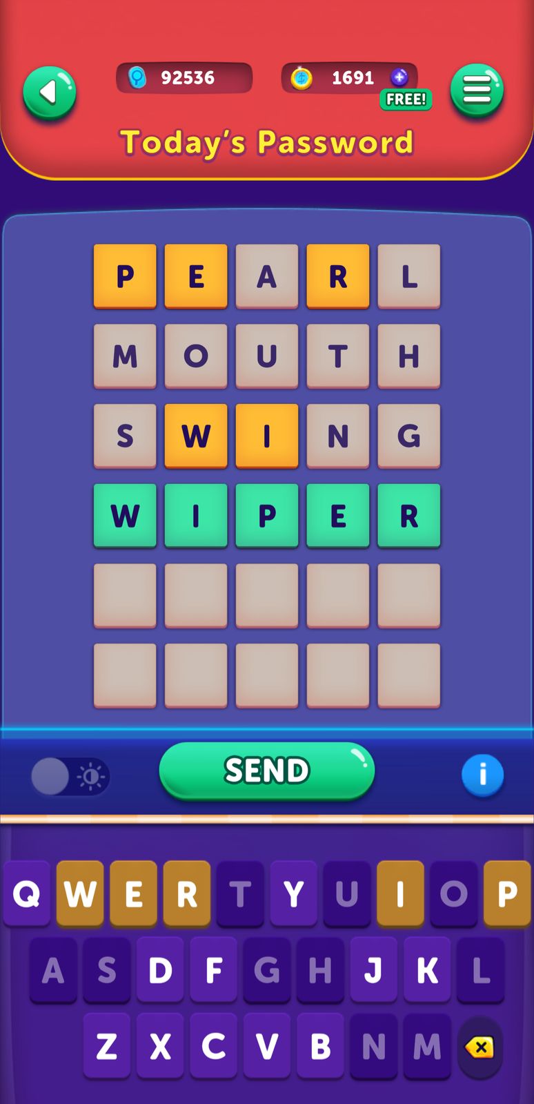 Word puzzle game interface with keyboard.
