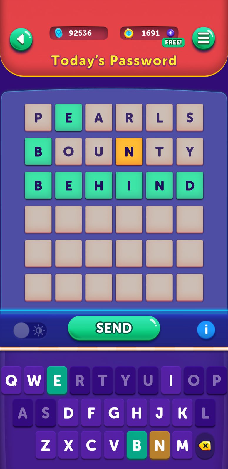 Word puzzle game interface with colorful keyboard.
