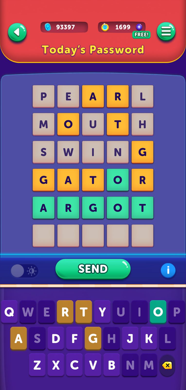 Word puzzle game interface with keyboard and send button.