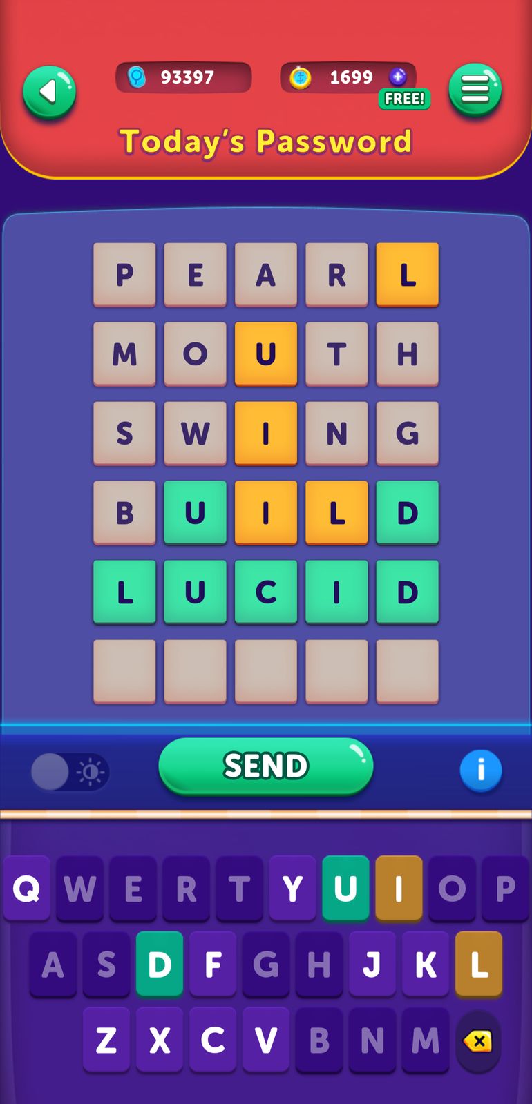 Word puzzle game screen with letters and scores.