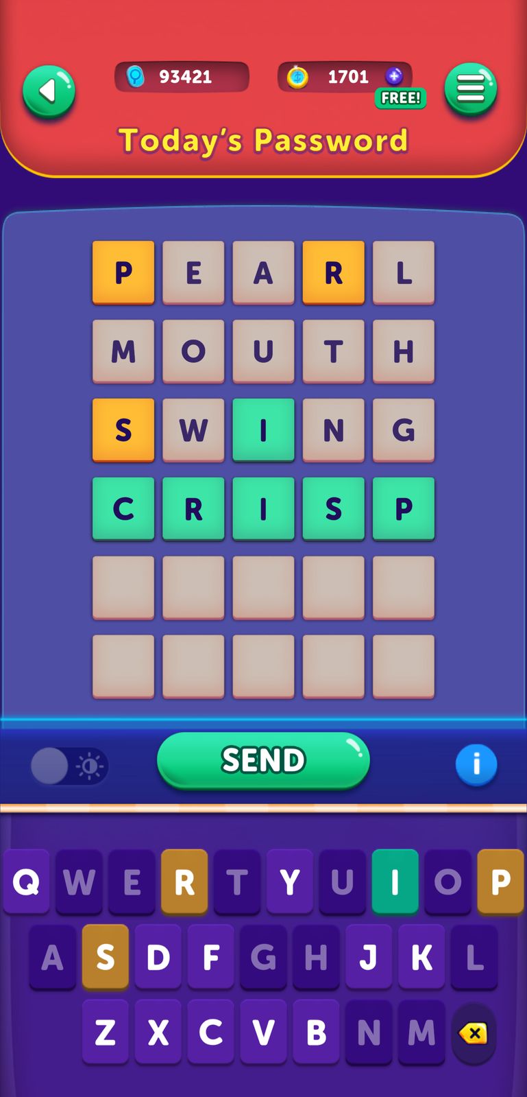 Word puzzle game interface with colorful tiles.
