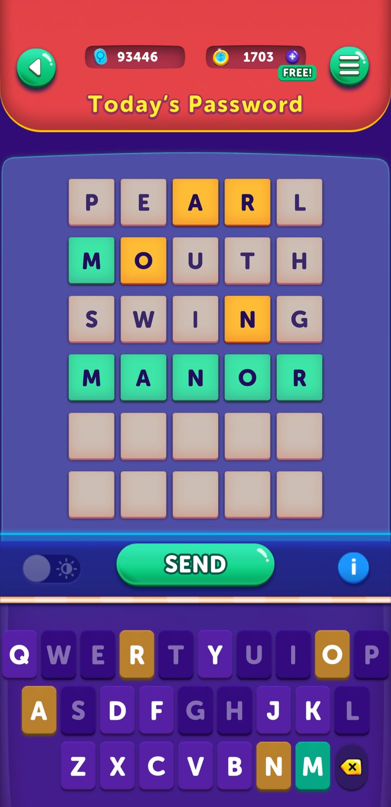Word puzzle game interface with letters and hints.