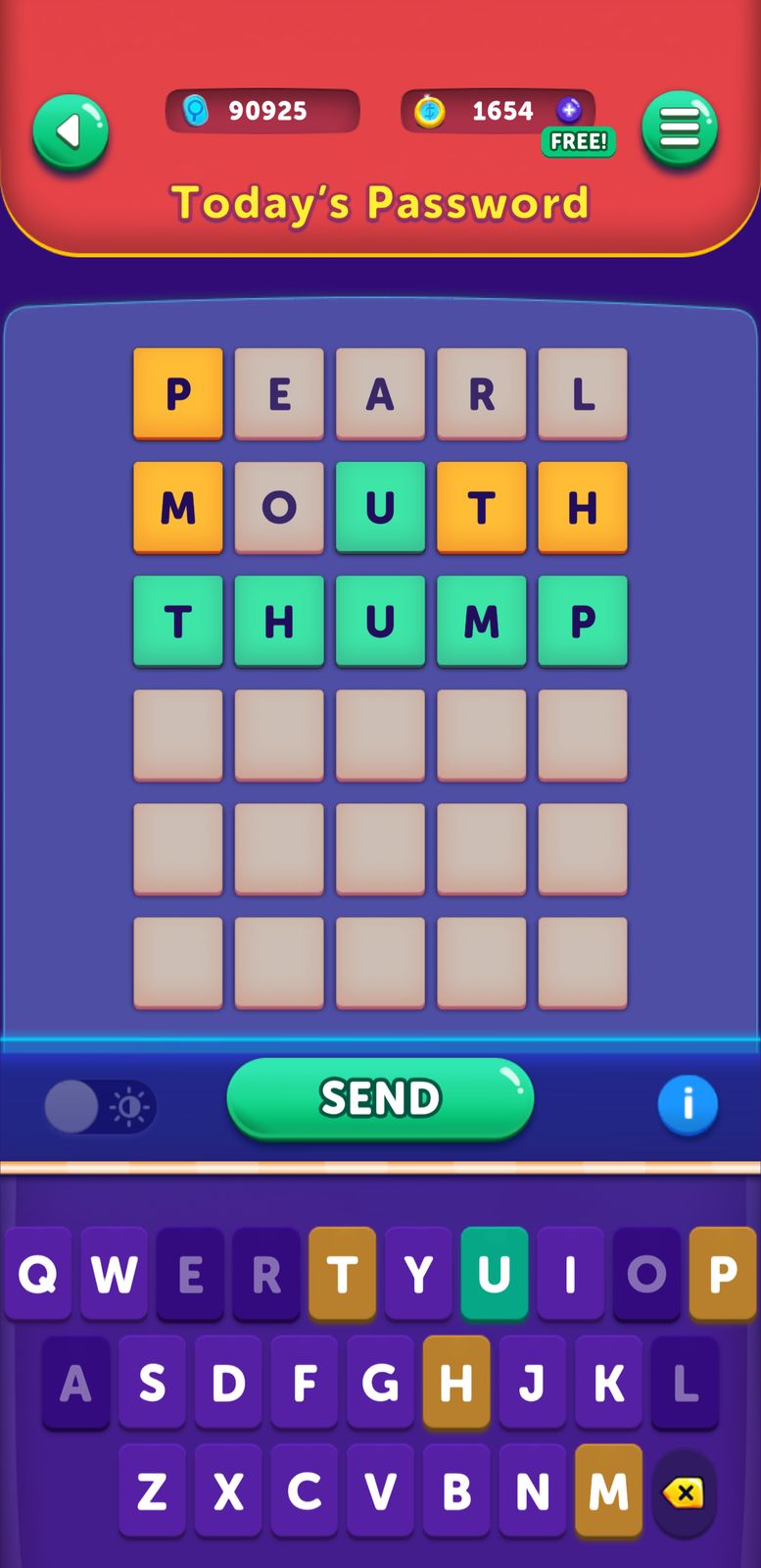 Colorful word puzzle game interface with keyboard.