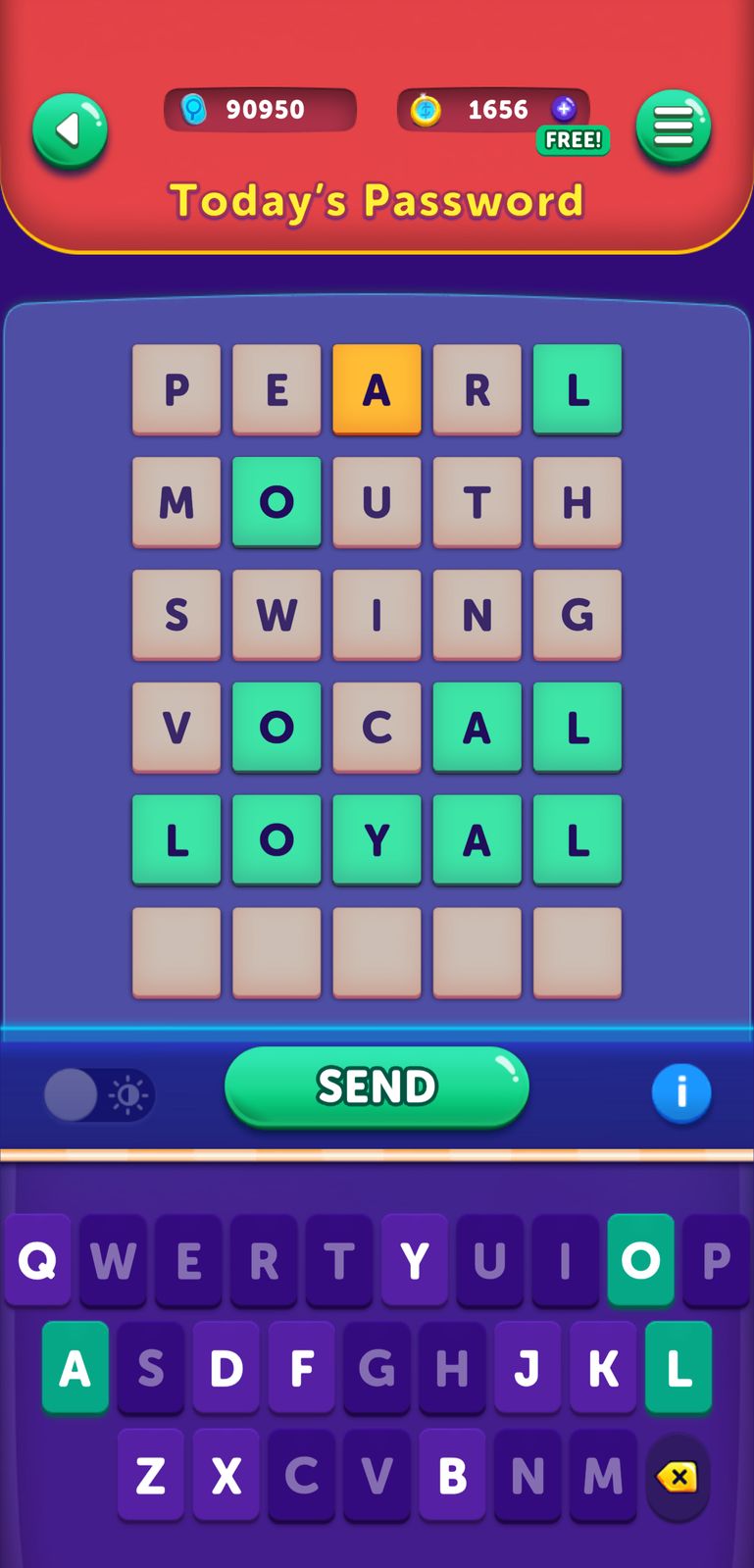 Word puzzle game with letter grid and keyboard.