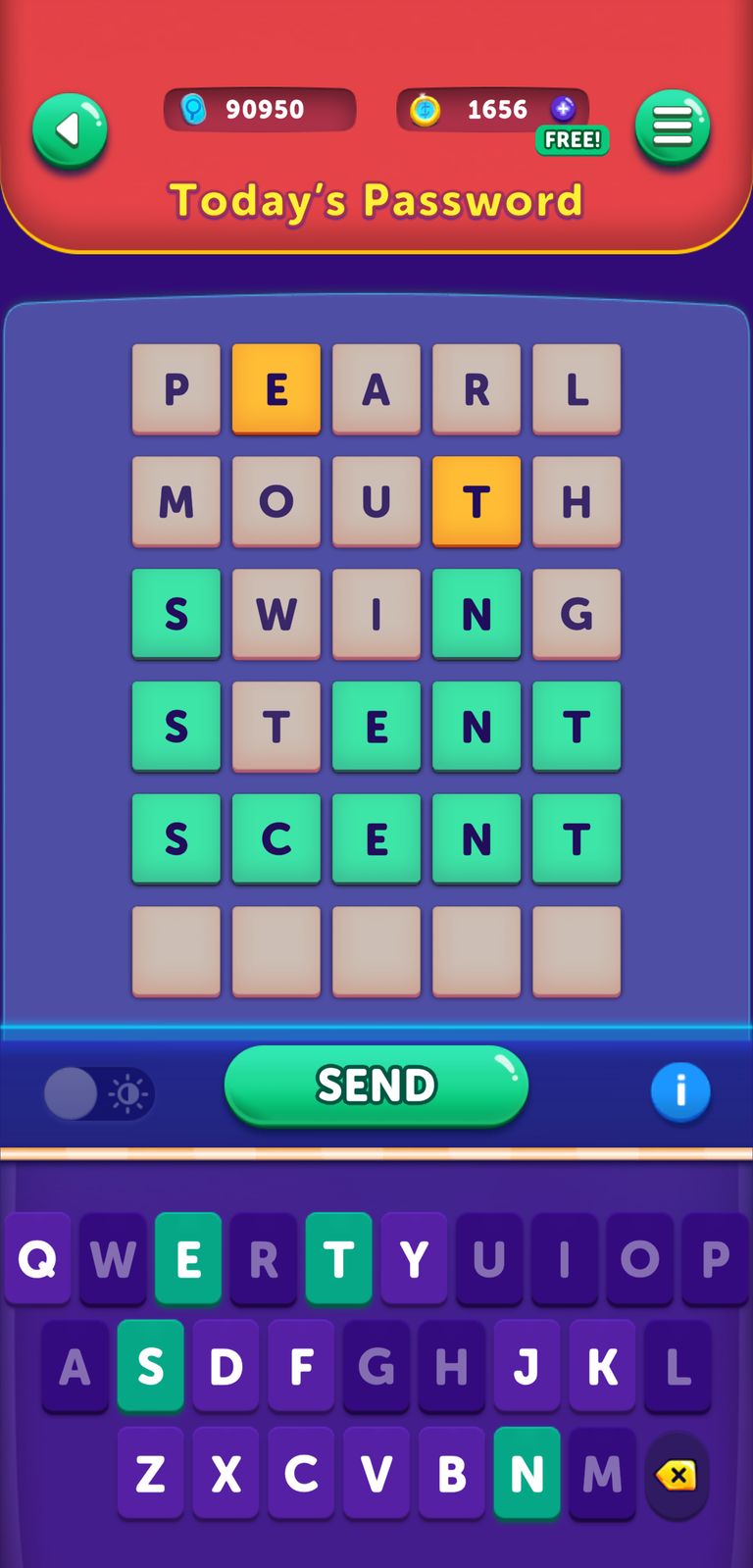 Word puzzle game with tiles and keyboard interface.