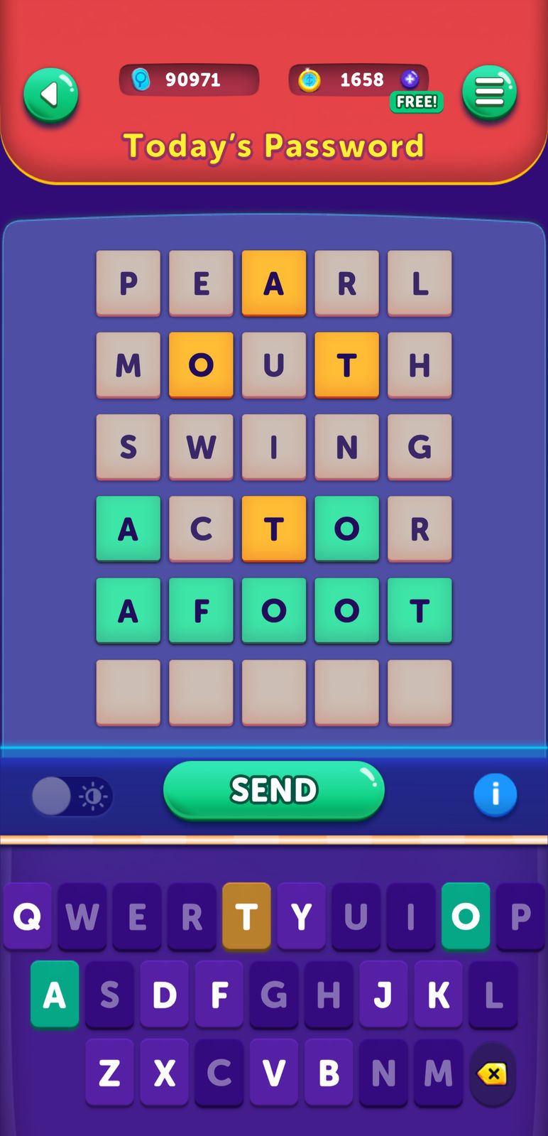 Word puzzle game interface with keyboard.