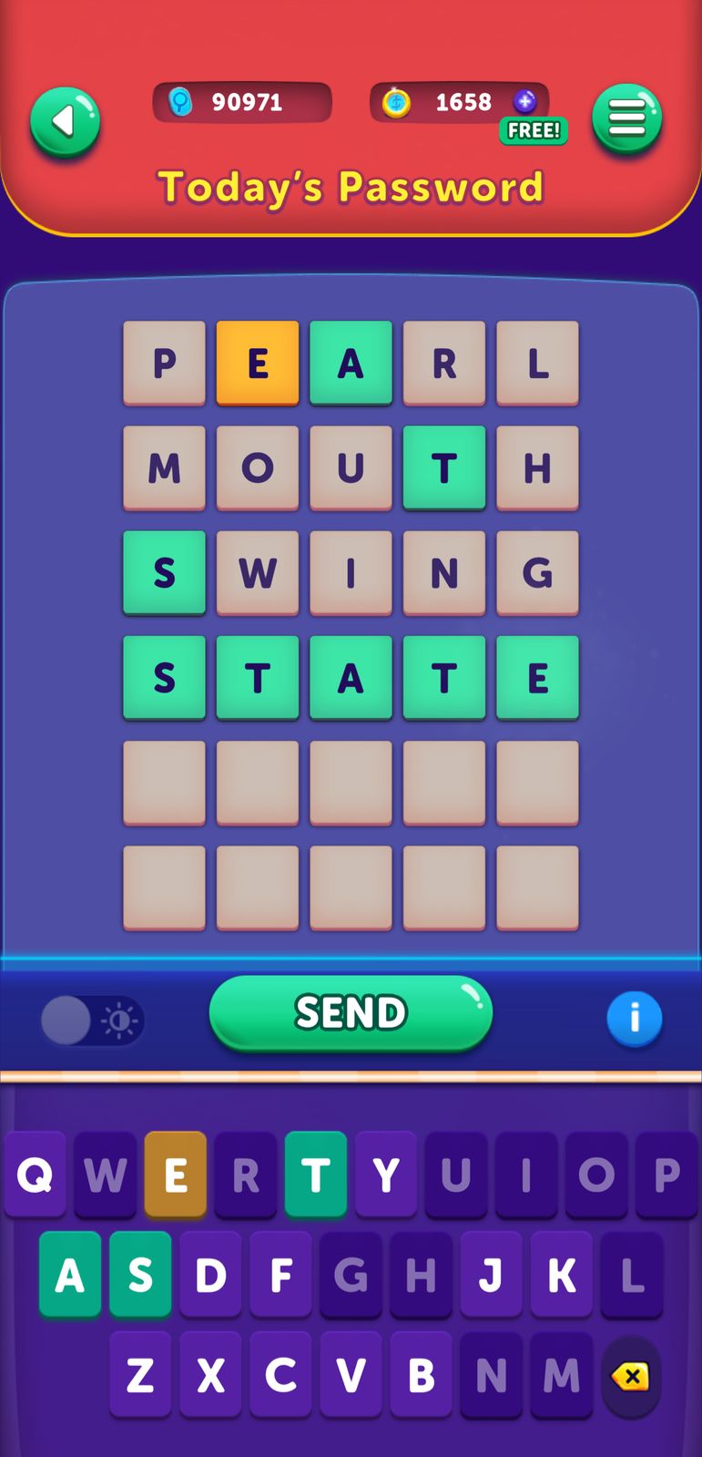Word puzzle game interface with keyboard and entries.