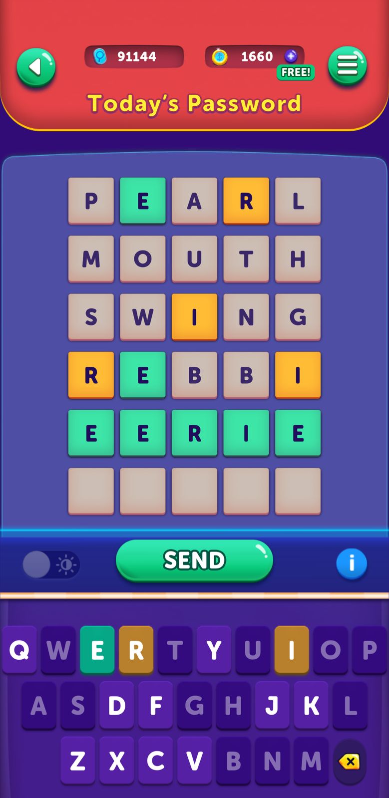 Word puzzle board with colored letters and scores