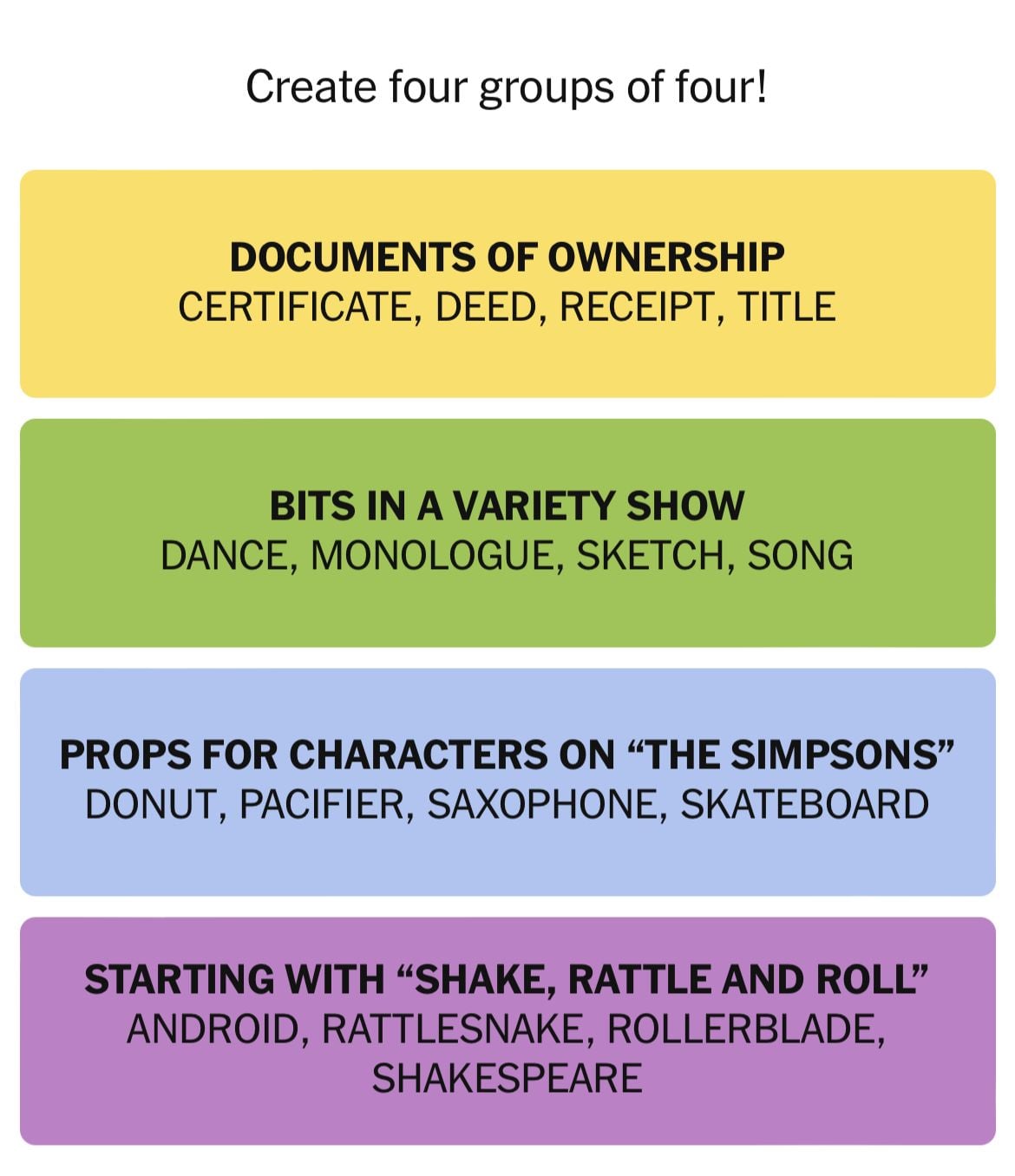 Four categories grouping: documents, variety show, props, phrases.