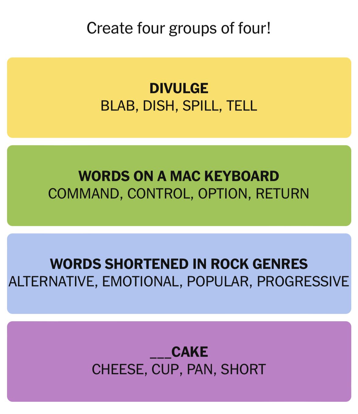 Create four groups of four words puzzle.
