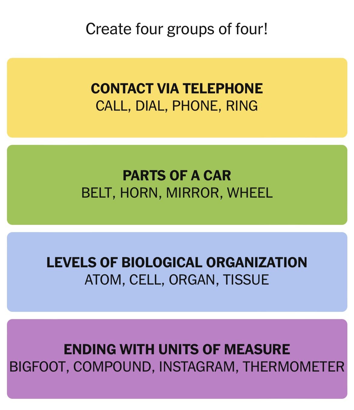Four word groups: telephone, car parts, biology, measure.