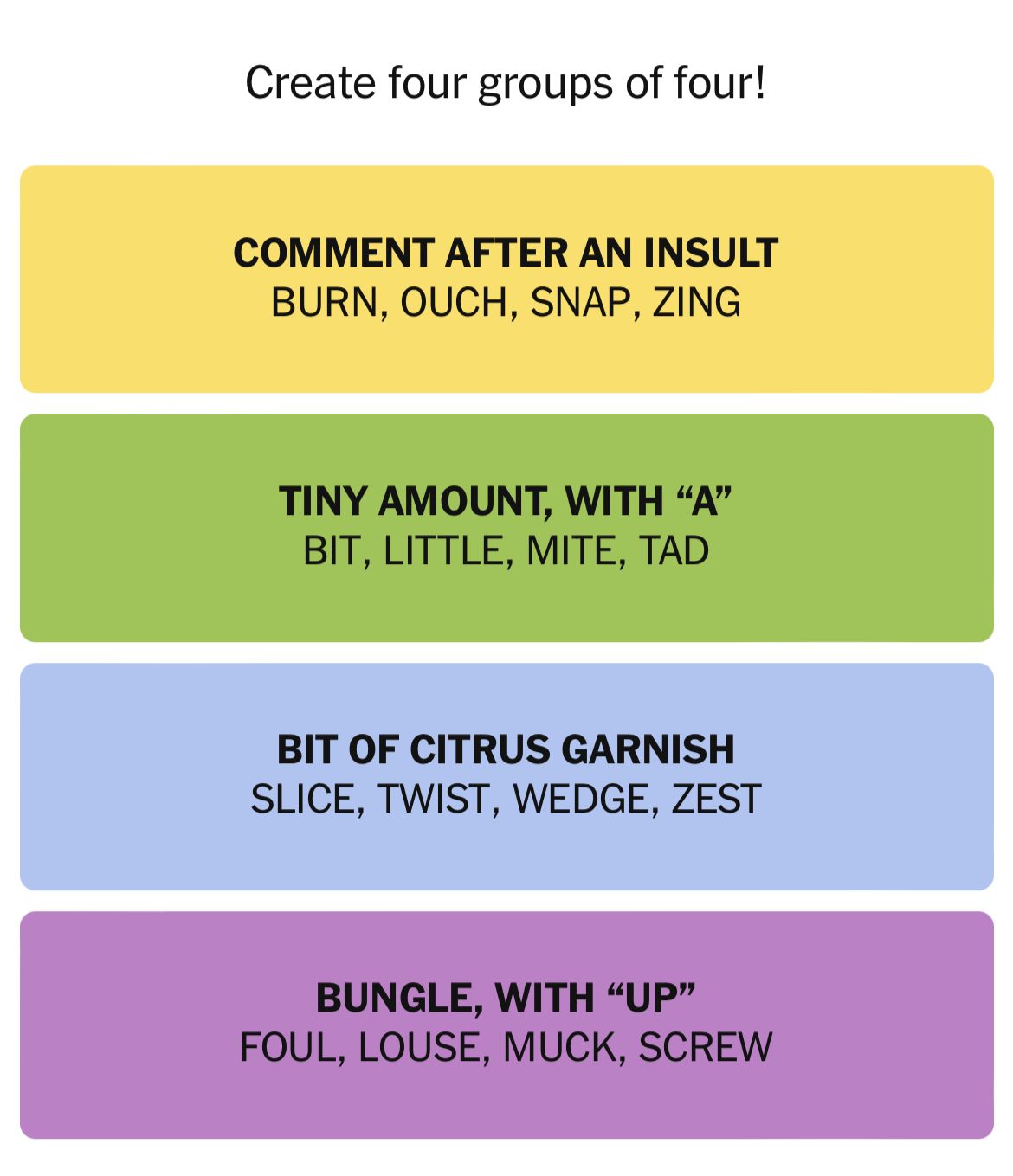 Word grouping puzzle with four categories.