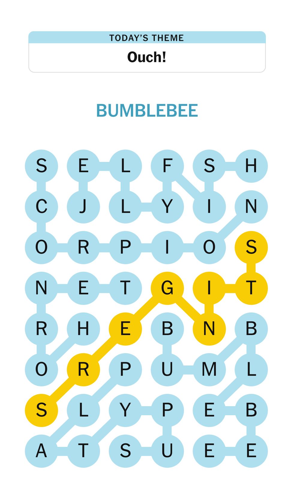 Word puzzle theme Ouch, find Bumblebee