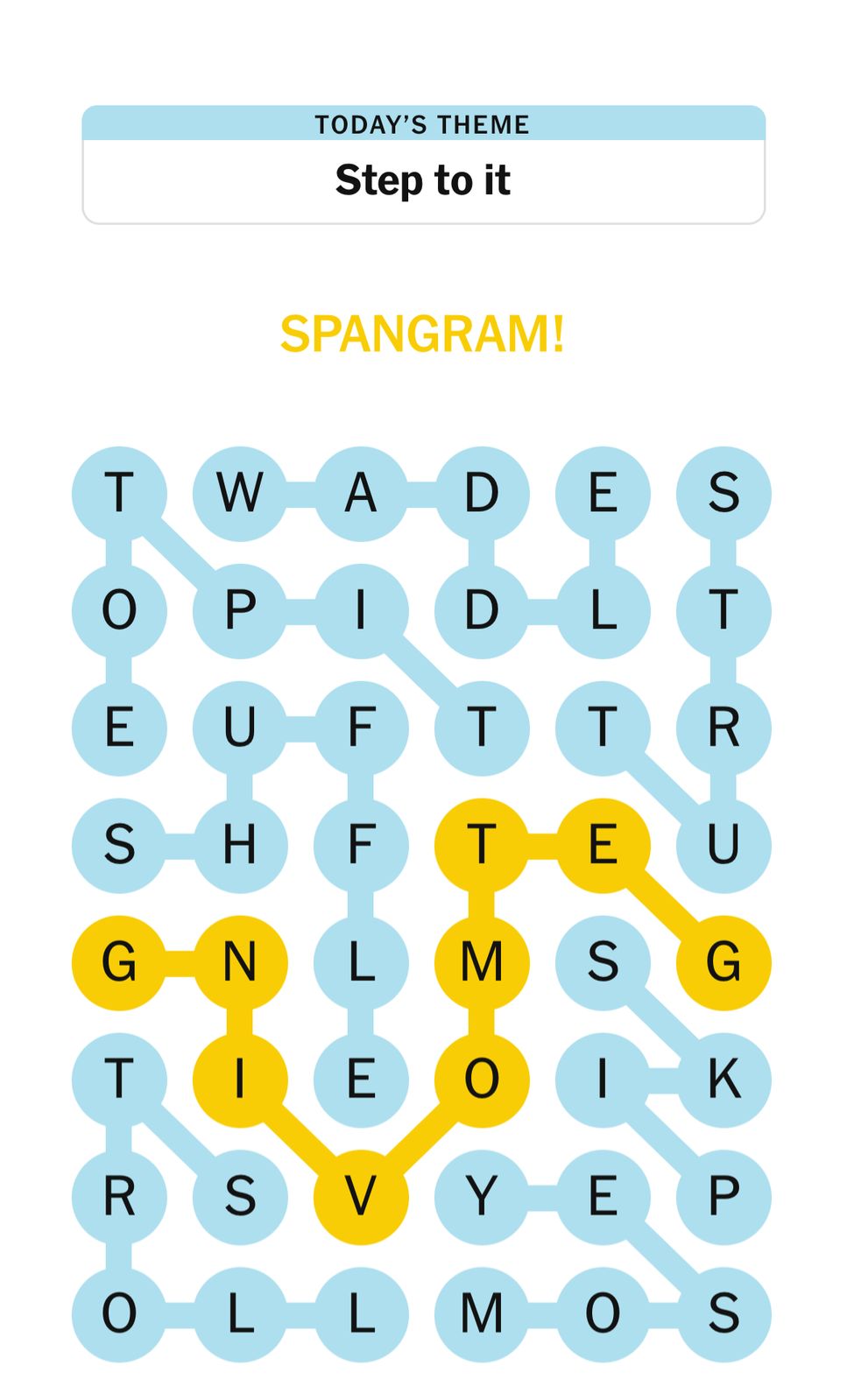 Word puzzle game with theme 'Step to it'.