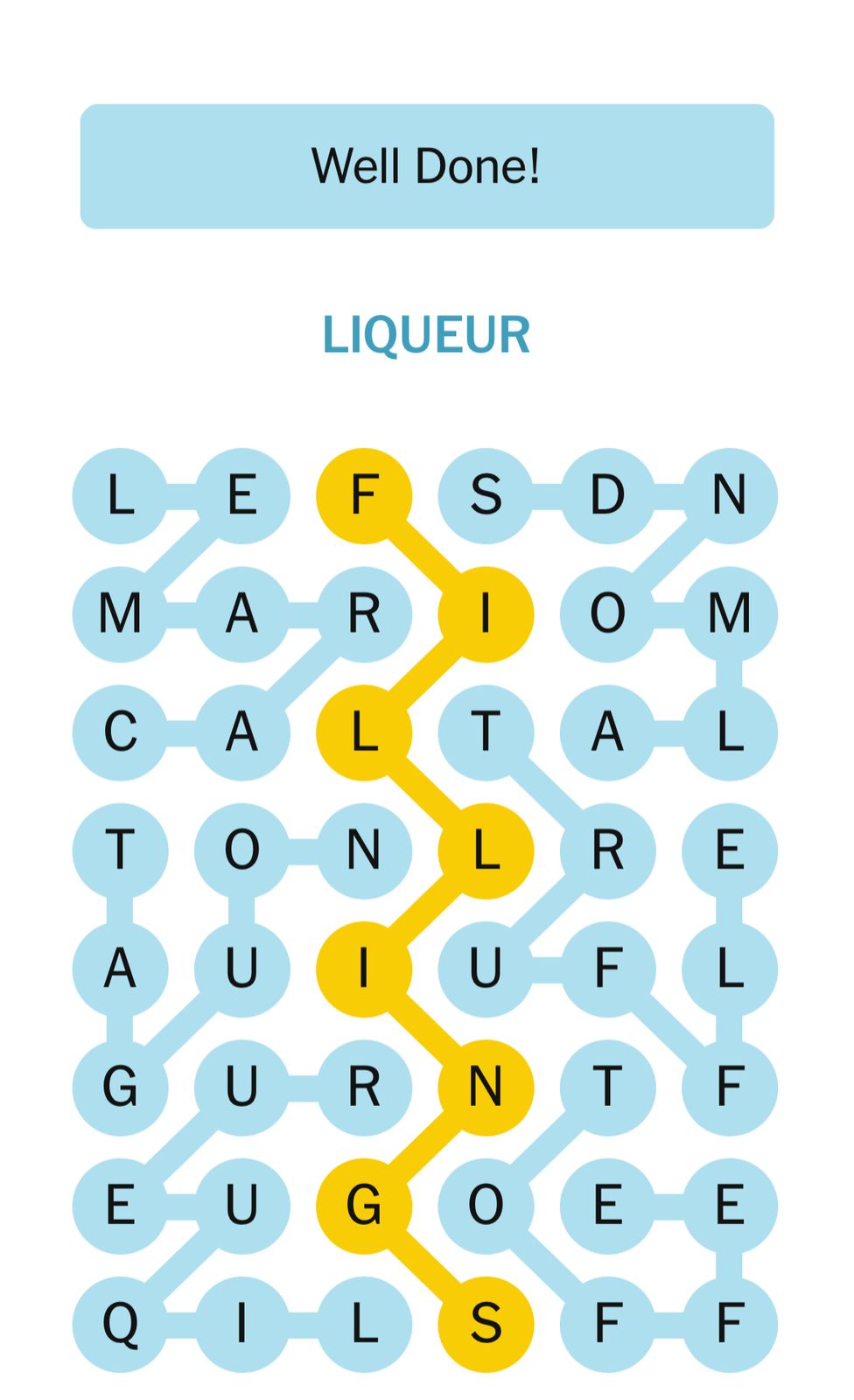 Puzzle complete message with highlighted word 'Liqueur'.