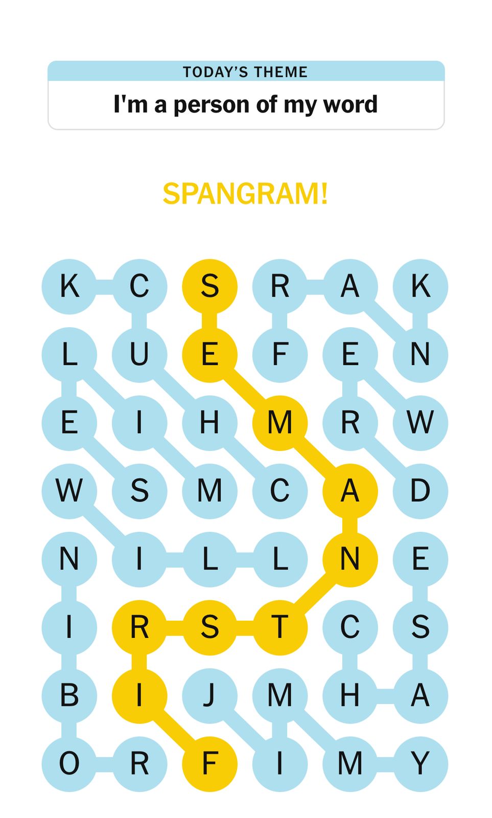 Spangram puzzle with highlighted word path.