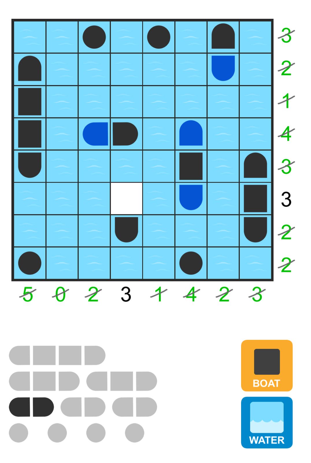 Battleship puzzle grid with boats and water tiles.