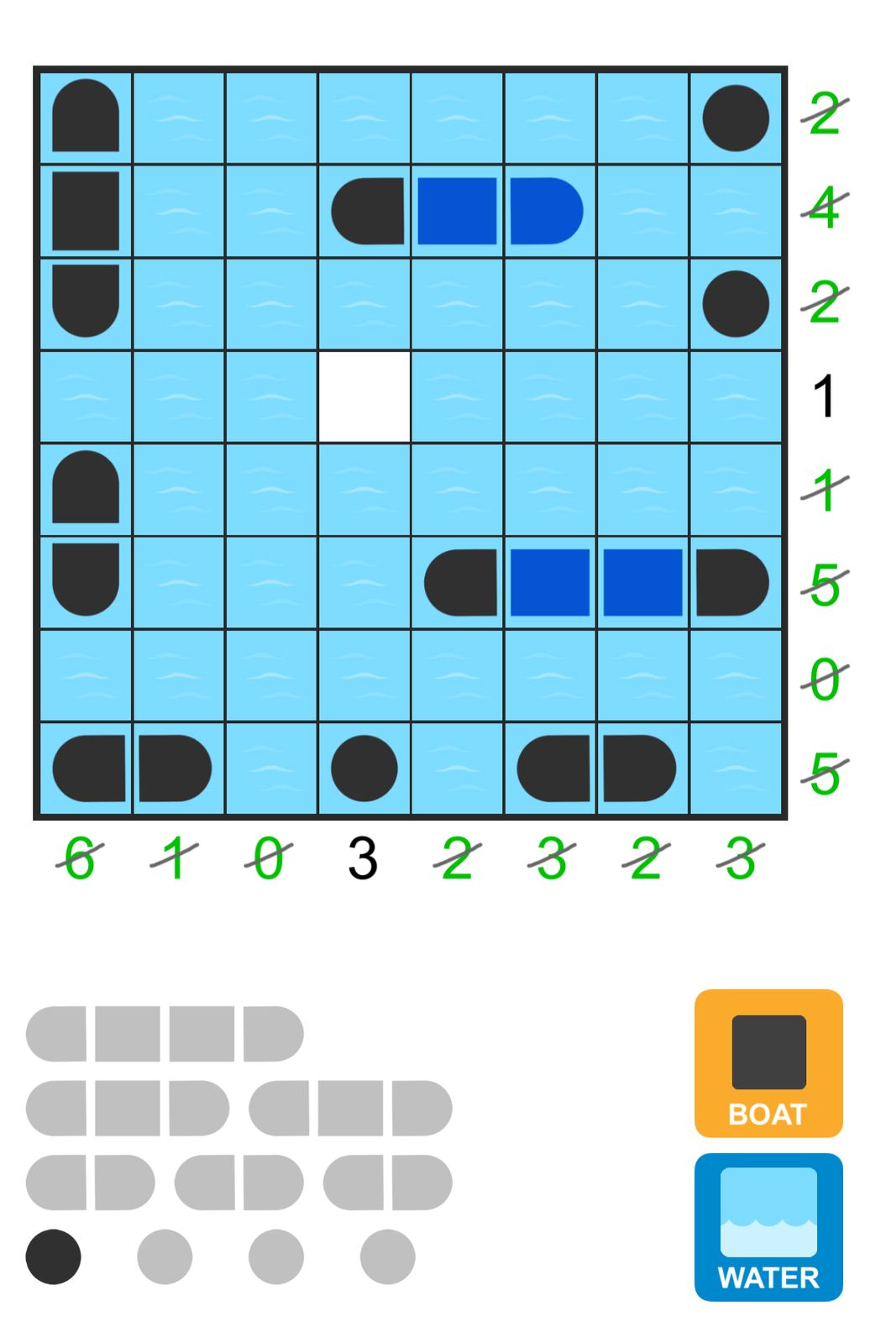 Battleship puzzle grid partially filled with boats.