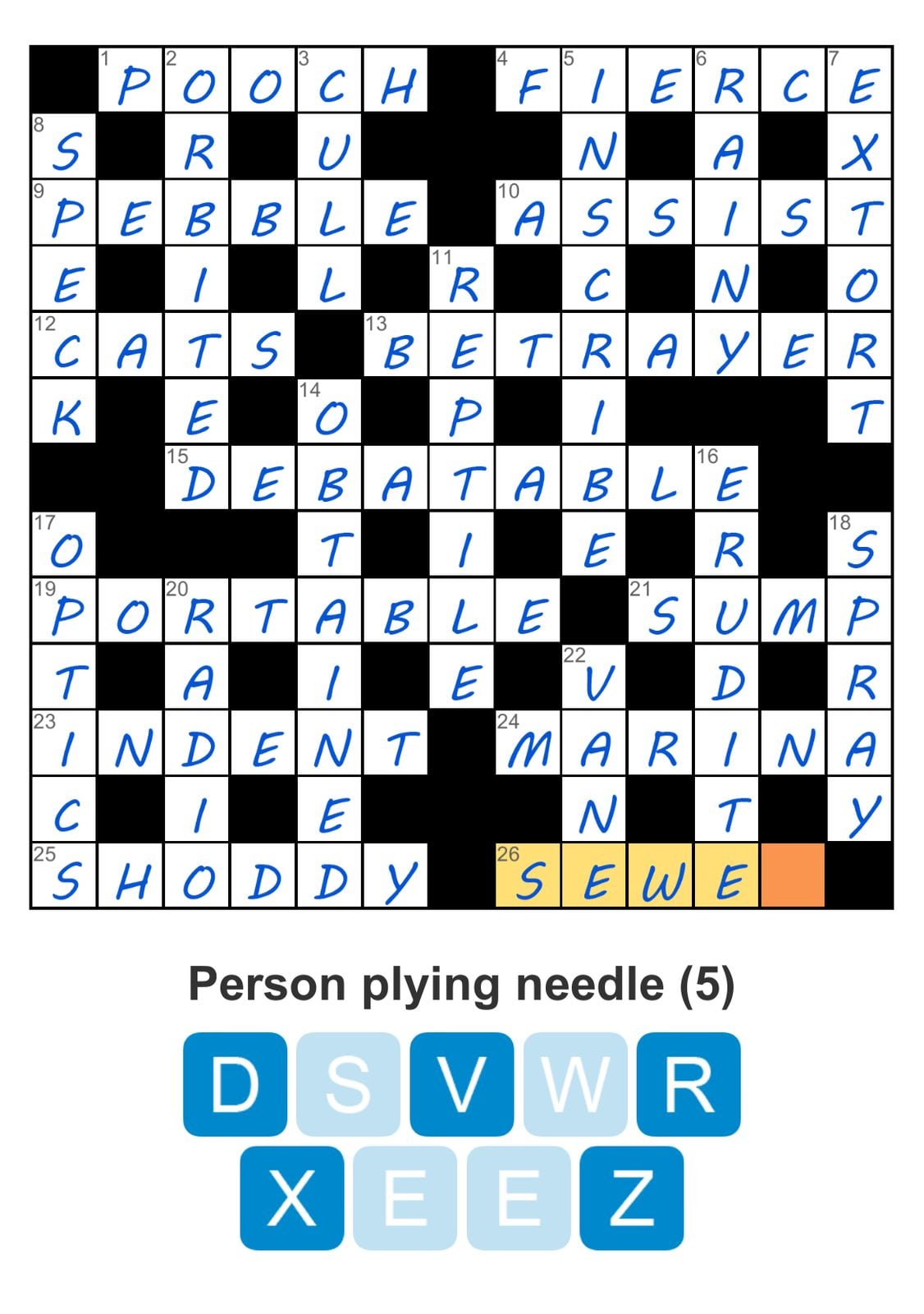 Crossword puzzle with highlighted word SEWER.
