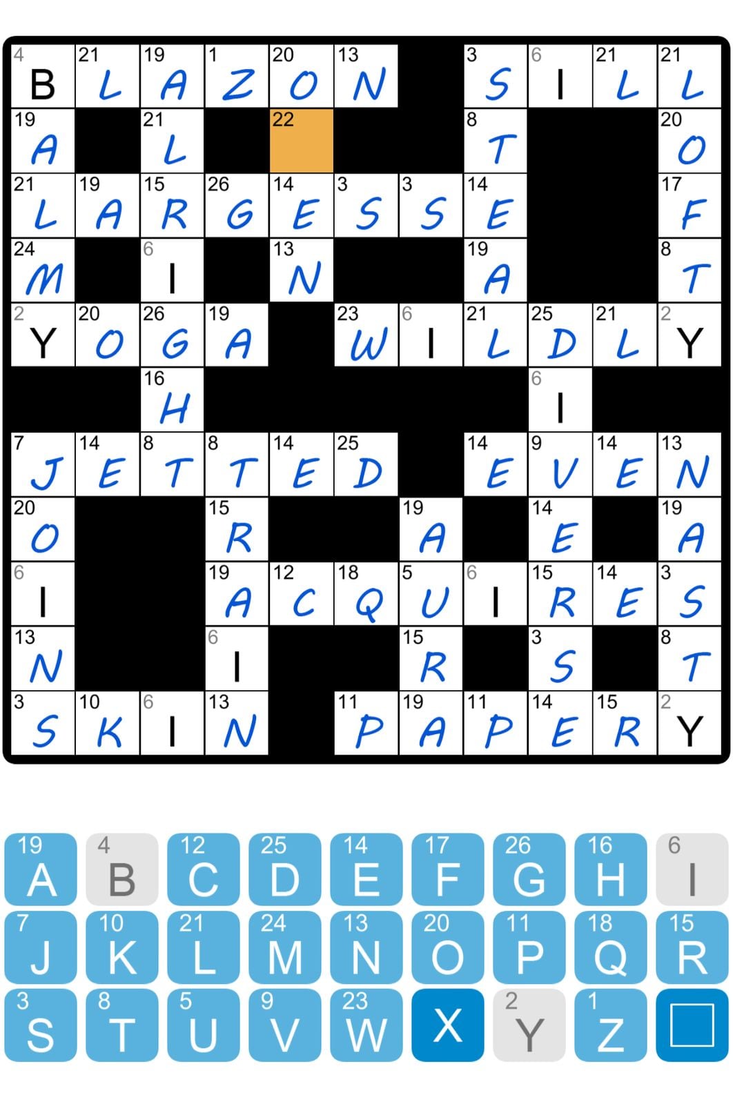 Completed crossword puzzle on mobile app screen.