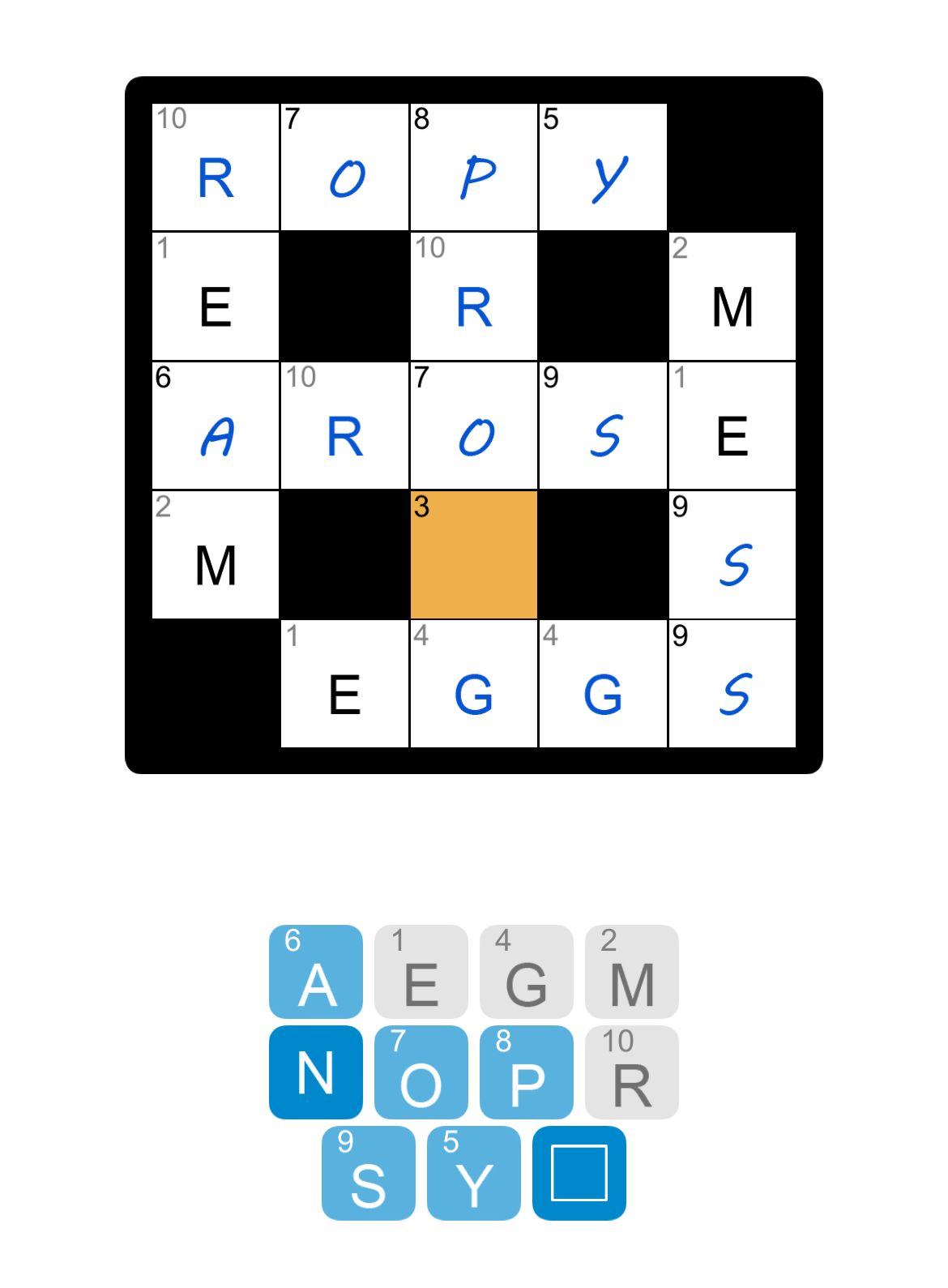 Crossword puzzle with the words ropy, arose, eggs.