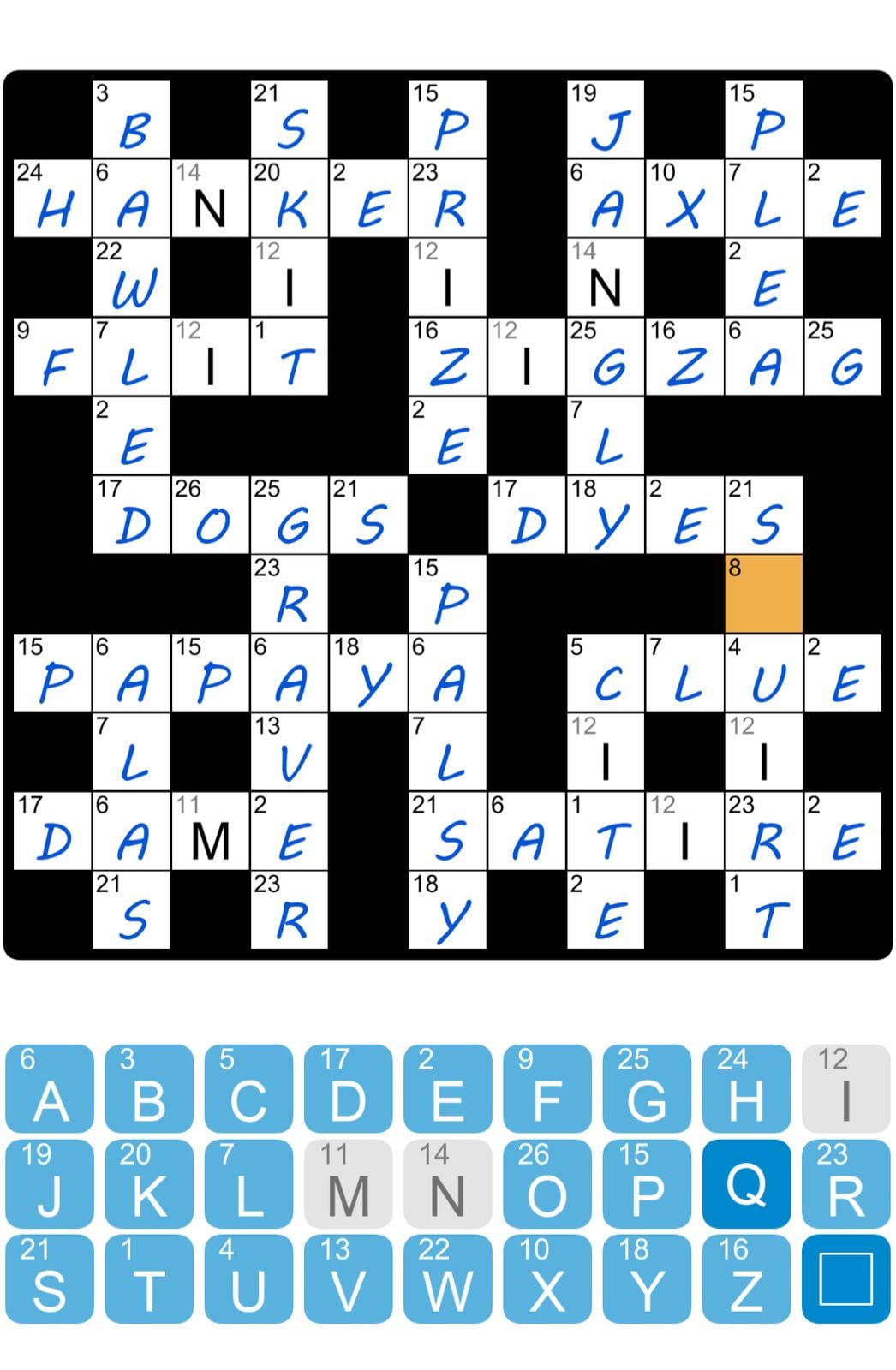 Crossword puzzle game interface with filled squares.