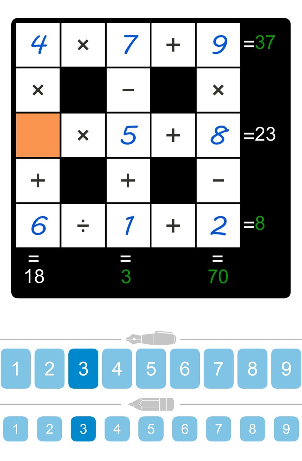 KenKen puzzle grid with numbers and operations.