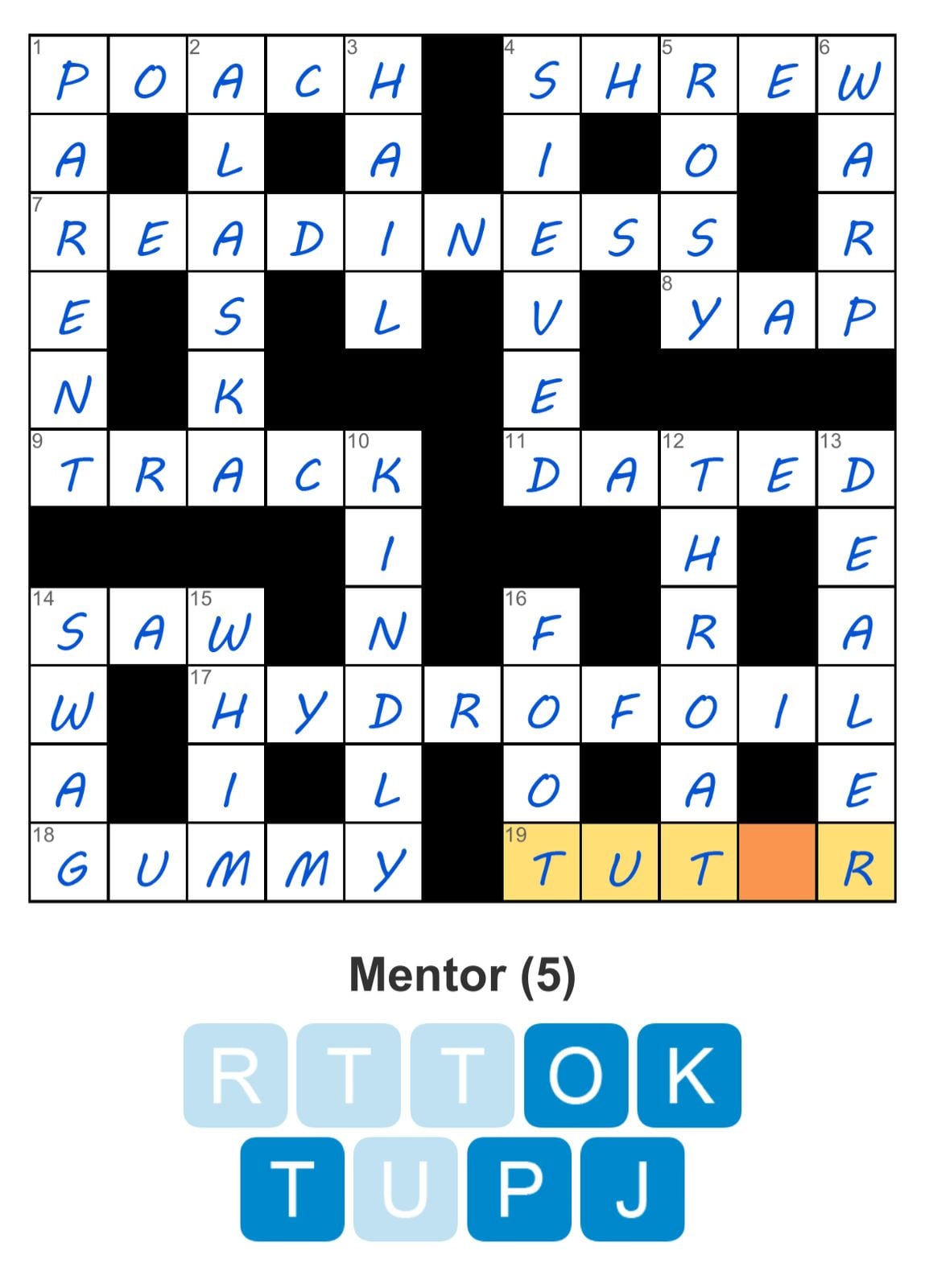 Crossword puzzle with clue for 'Mentor'.