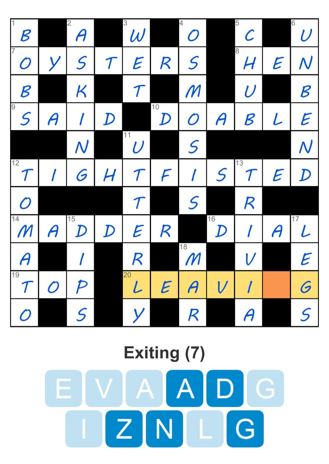 Crossword puzzle with highlighted word 'LEAVING'.