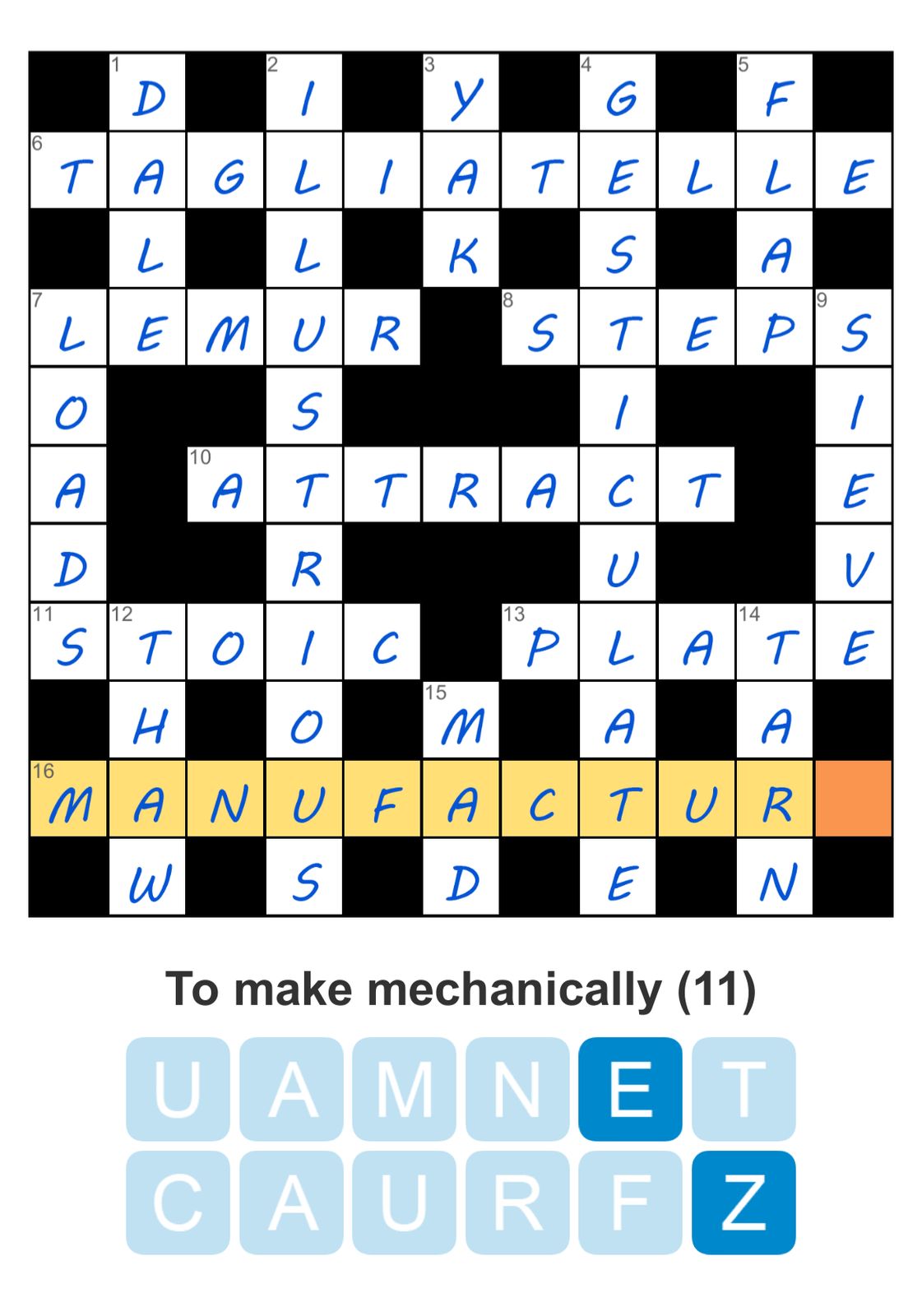 Crossword puzzle with word 'manufacture' highlighted