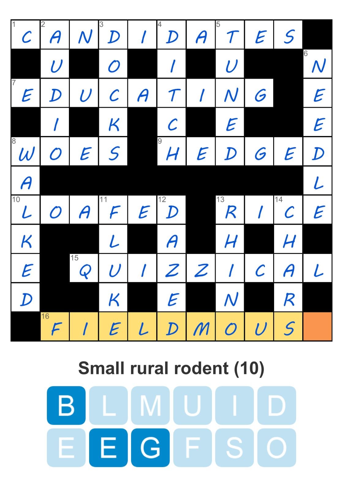 Crossword puzzle with various words filled in.