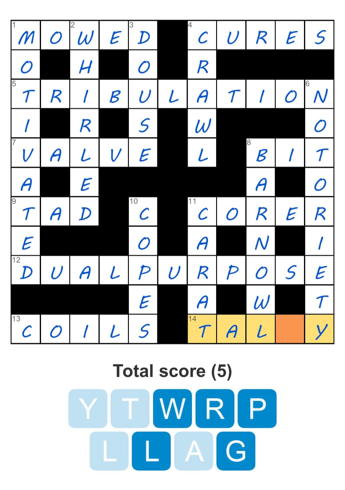 Crossword puzzle with words and total score.