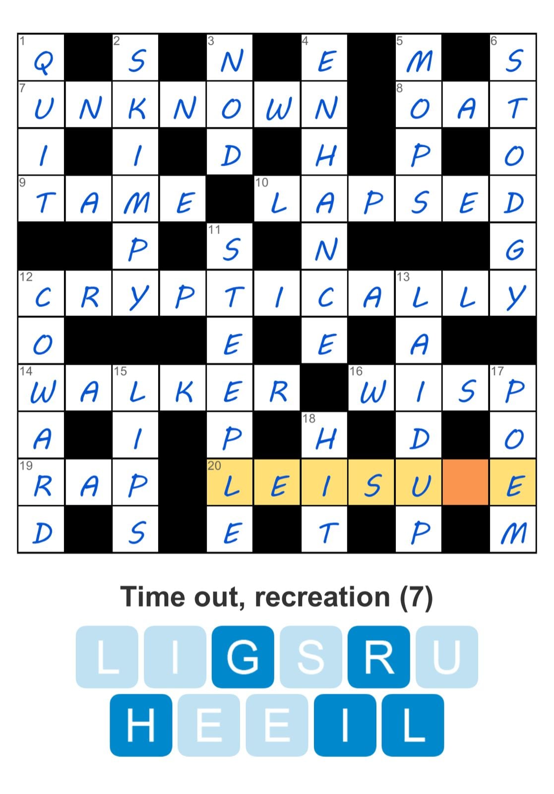 Crossword puzzle with highlighted leisure answer.