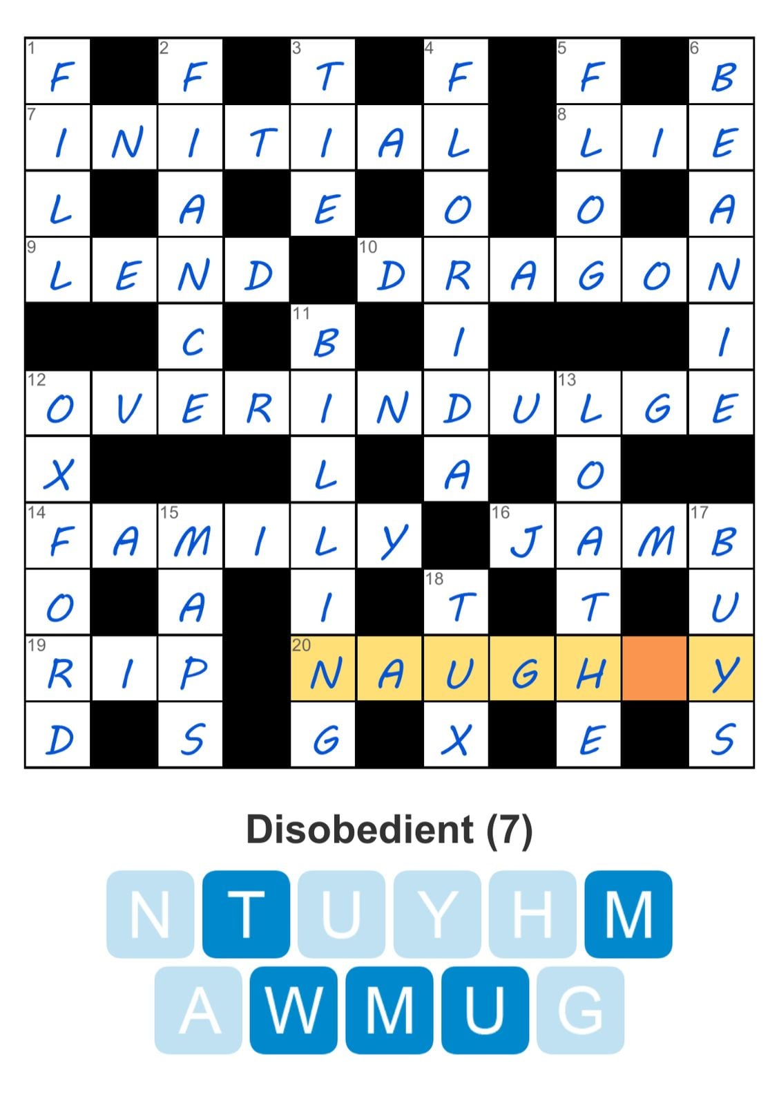 Crossword puzzle with word 'naughty' highlighted.