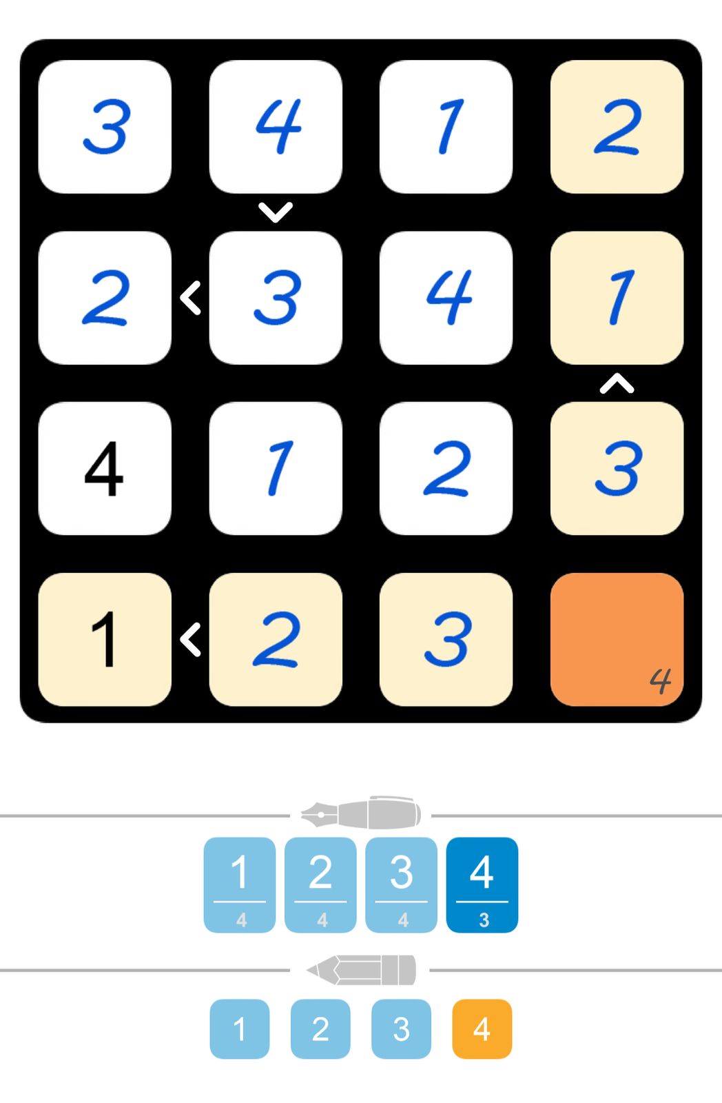 Puzzle game grid with colored numbered tiles.