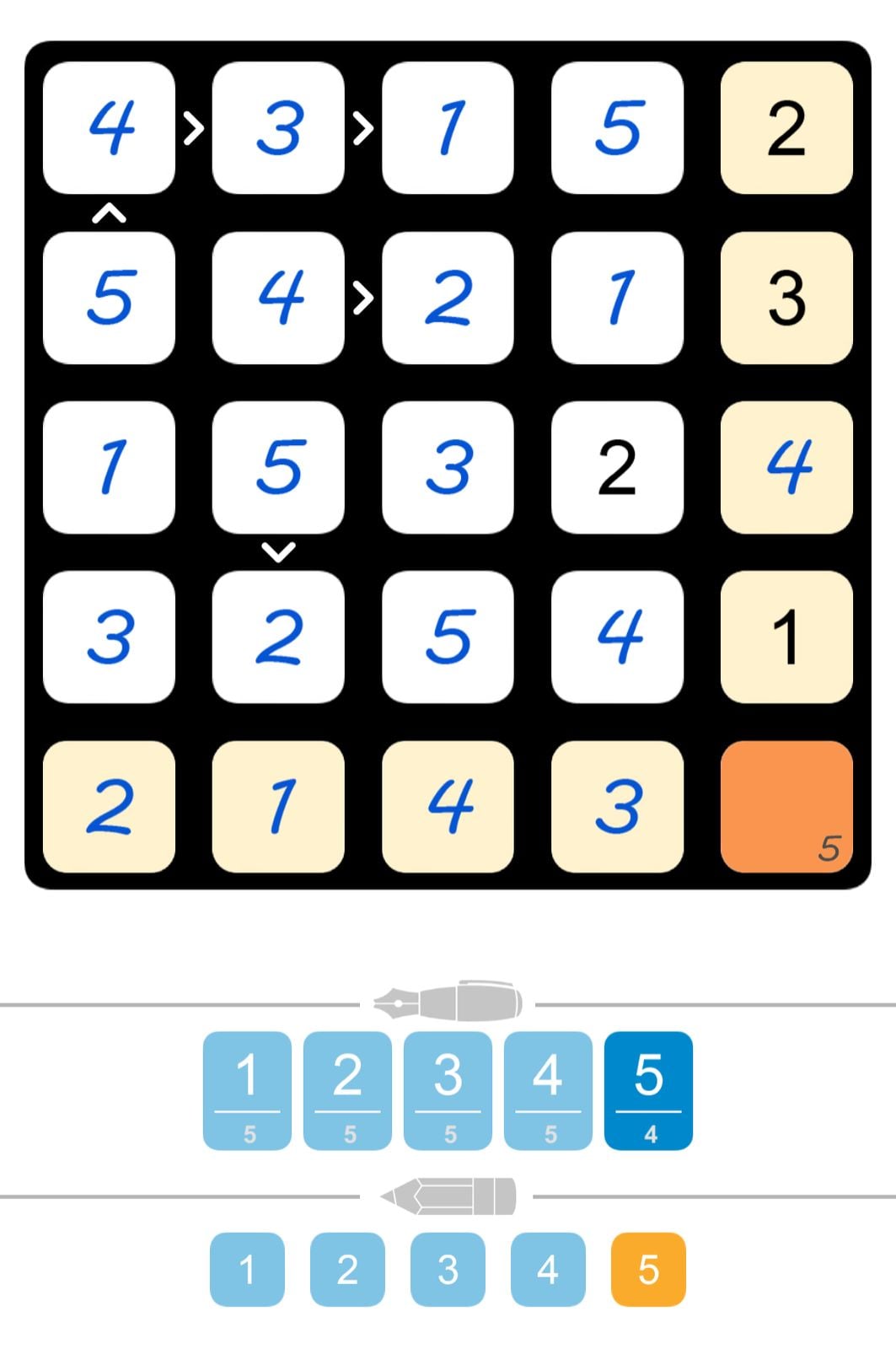 Number puzzle game interface with grid and options.