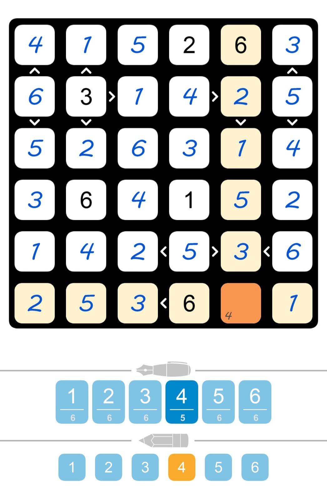 Number puzzle game grid with arrows and numbers.