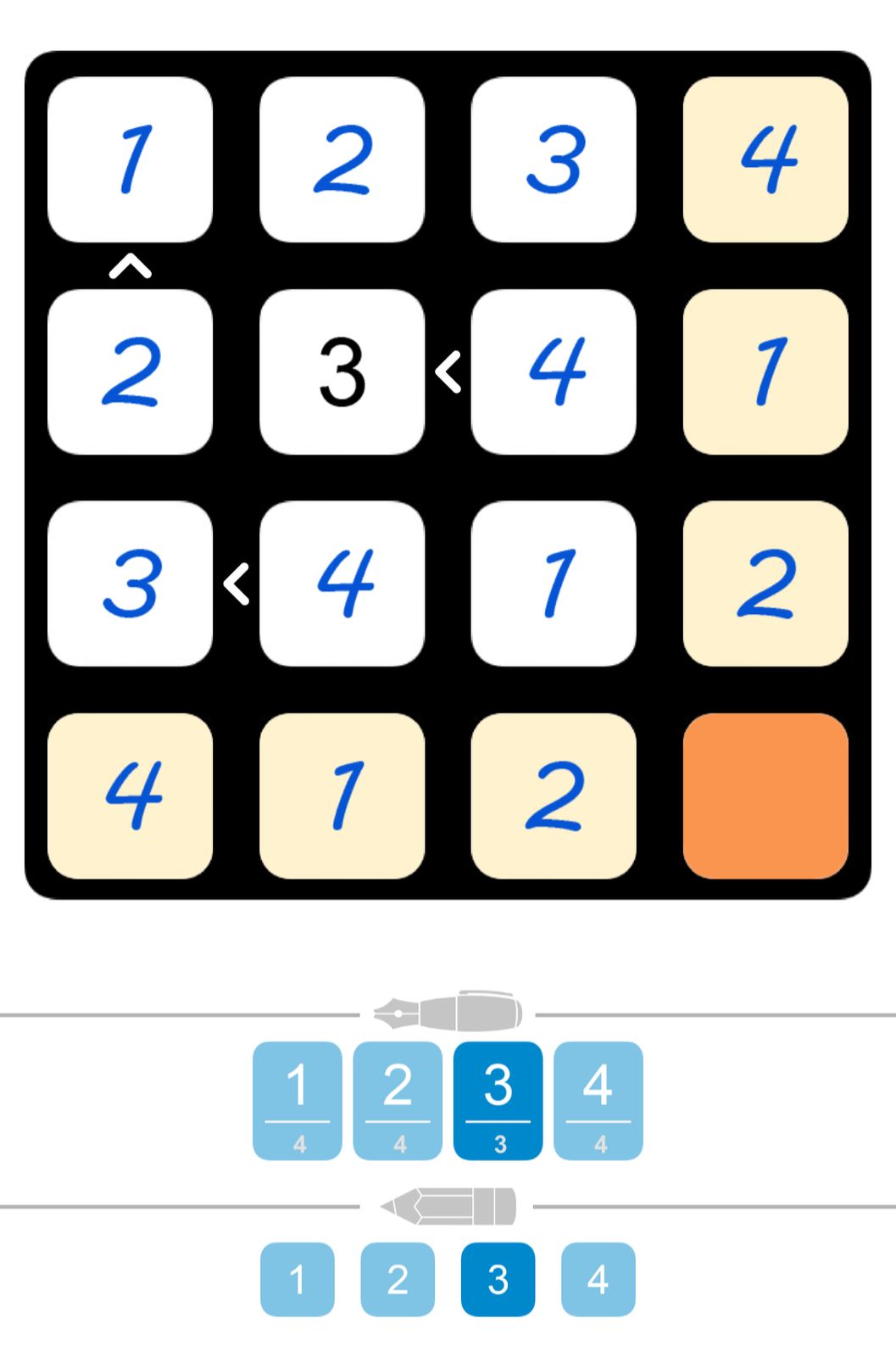 Number grid puzzle with arrows and selections.