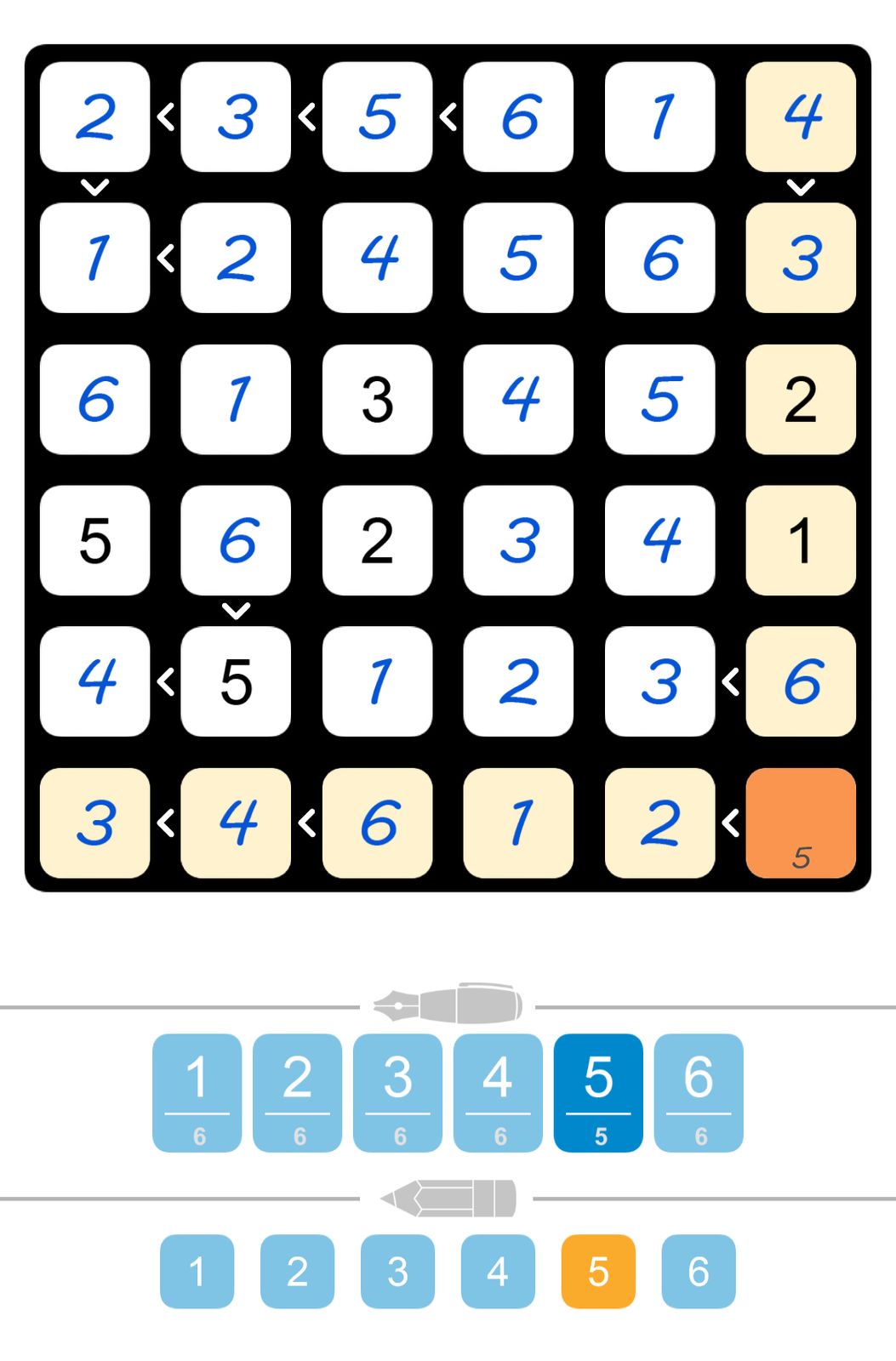 Puzzle game board with numbers and arrows.