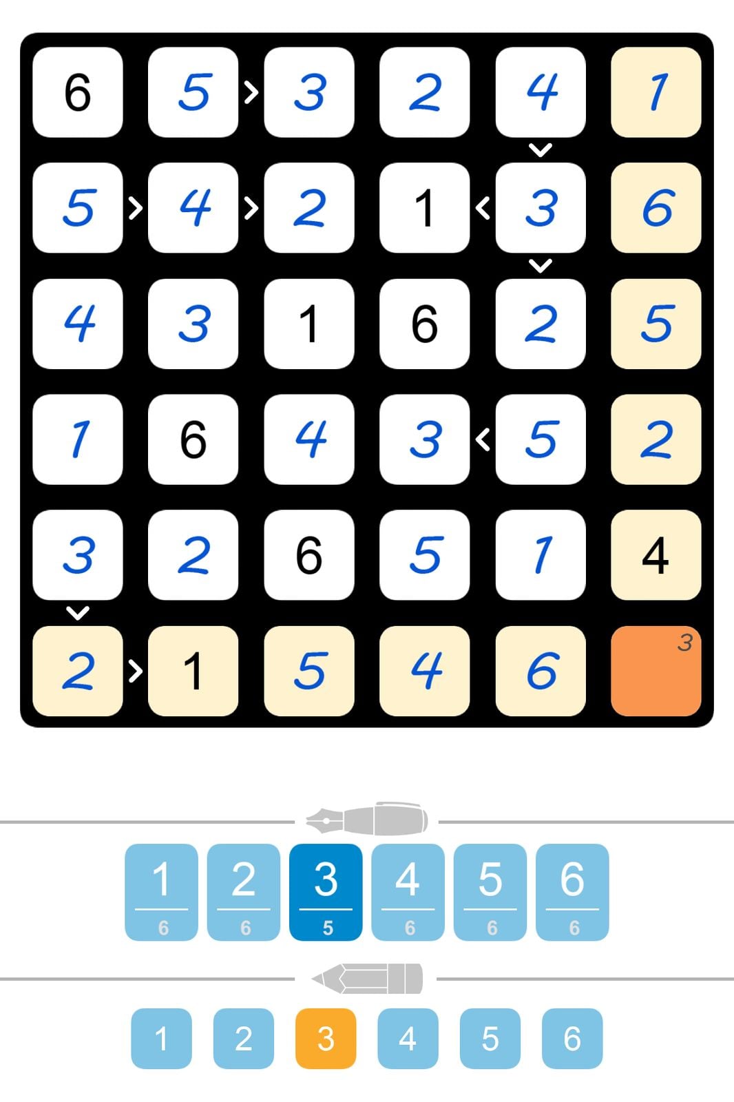 Puzzle game board with numbered tiles and arrows.