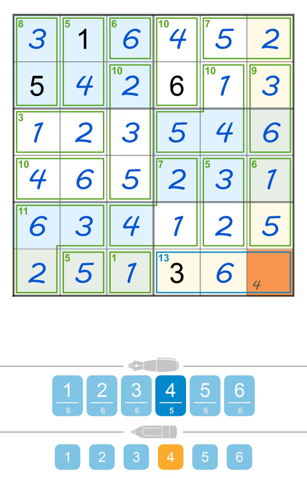 KenKen puzzle grid partially filled with numbers