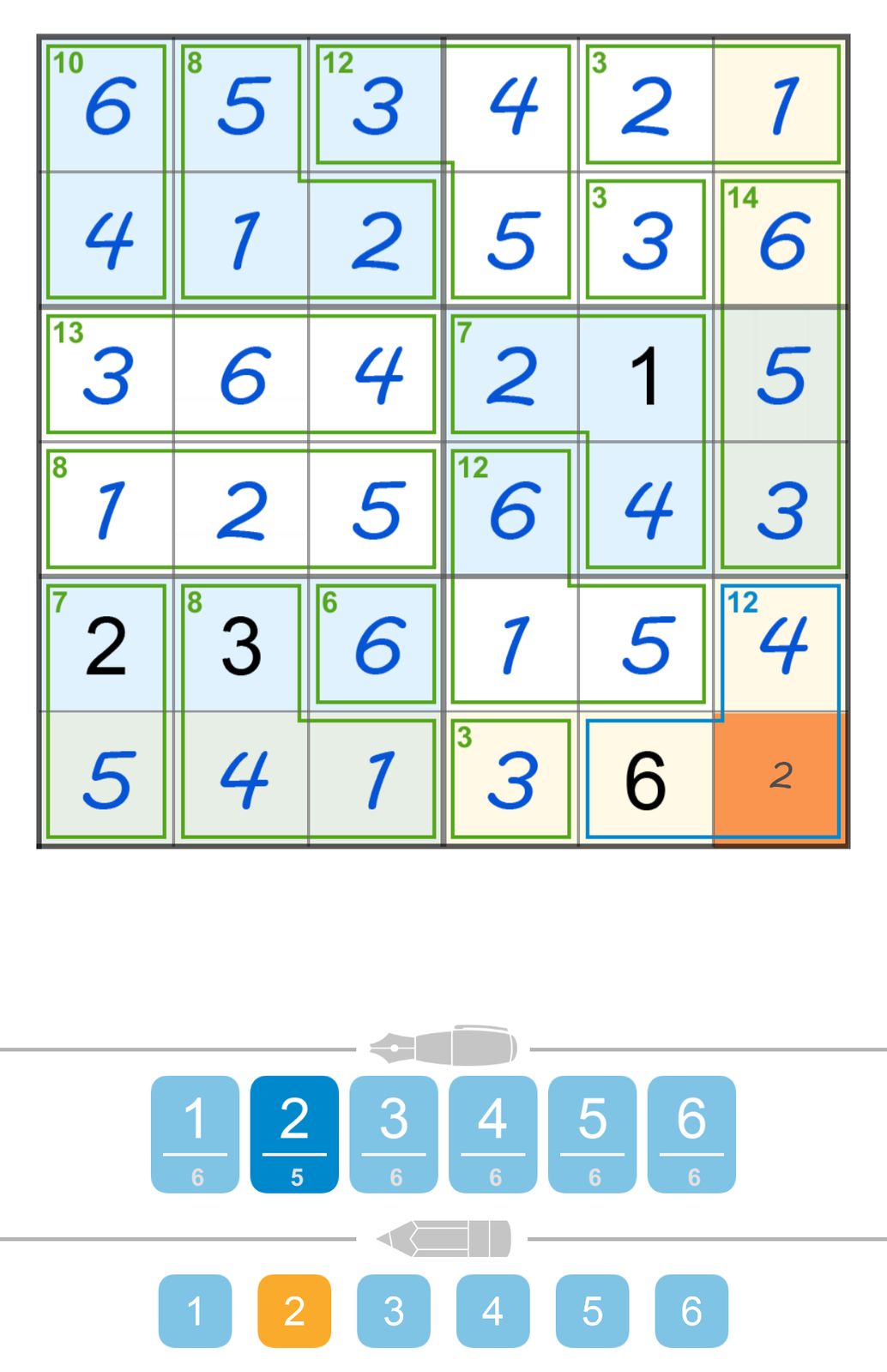 Kakuro puzzle partially filled with numbers and options.