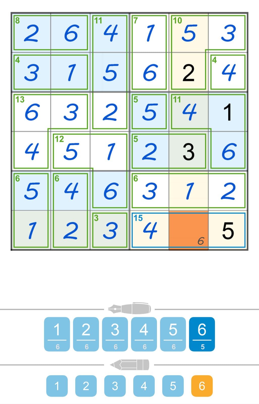 Kakuro puzzle grid with numbers and color highlights.