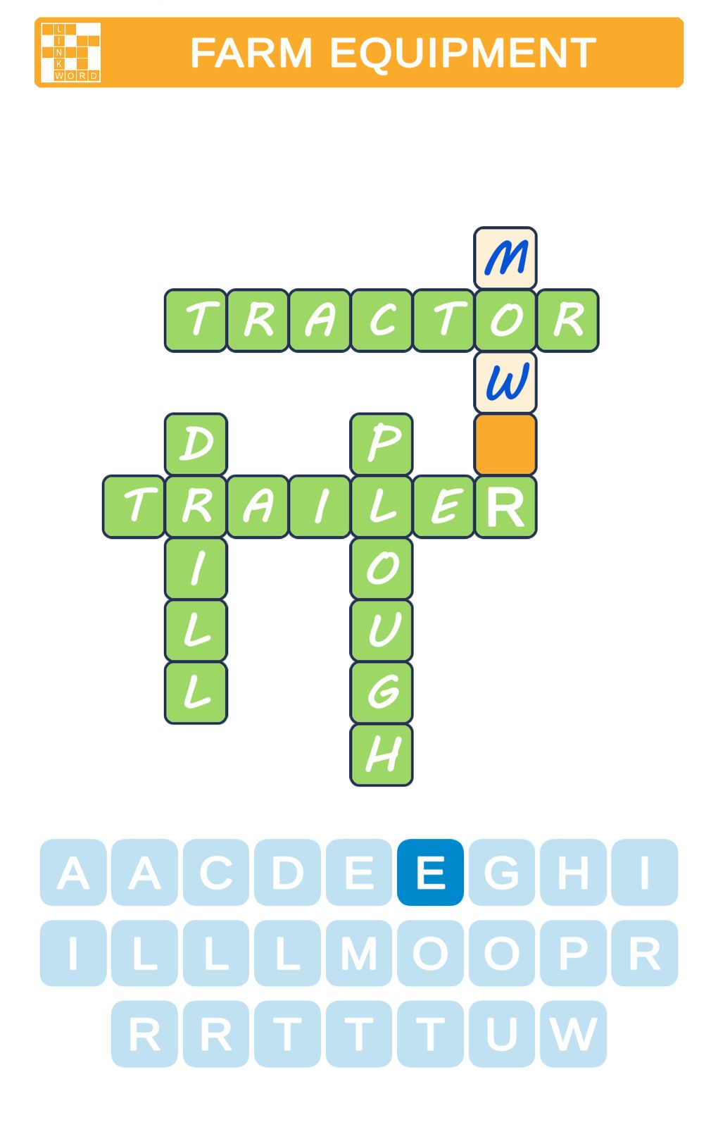 Crossword puzzle of farm equipment words.