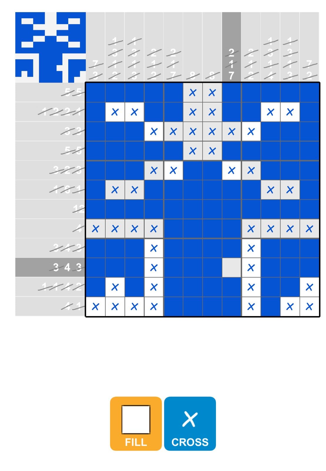 Nonogram puzzle with blue and white squares.